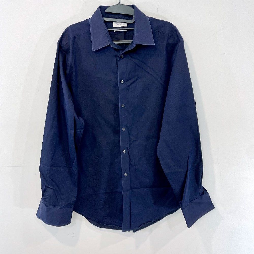 Calvin Klein Navy Blue Sasual Dress Button Up Shirt Slim Fit sz 16 1/2 34/35